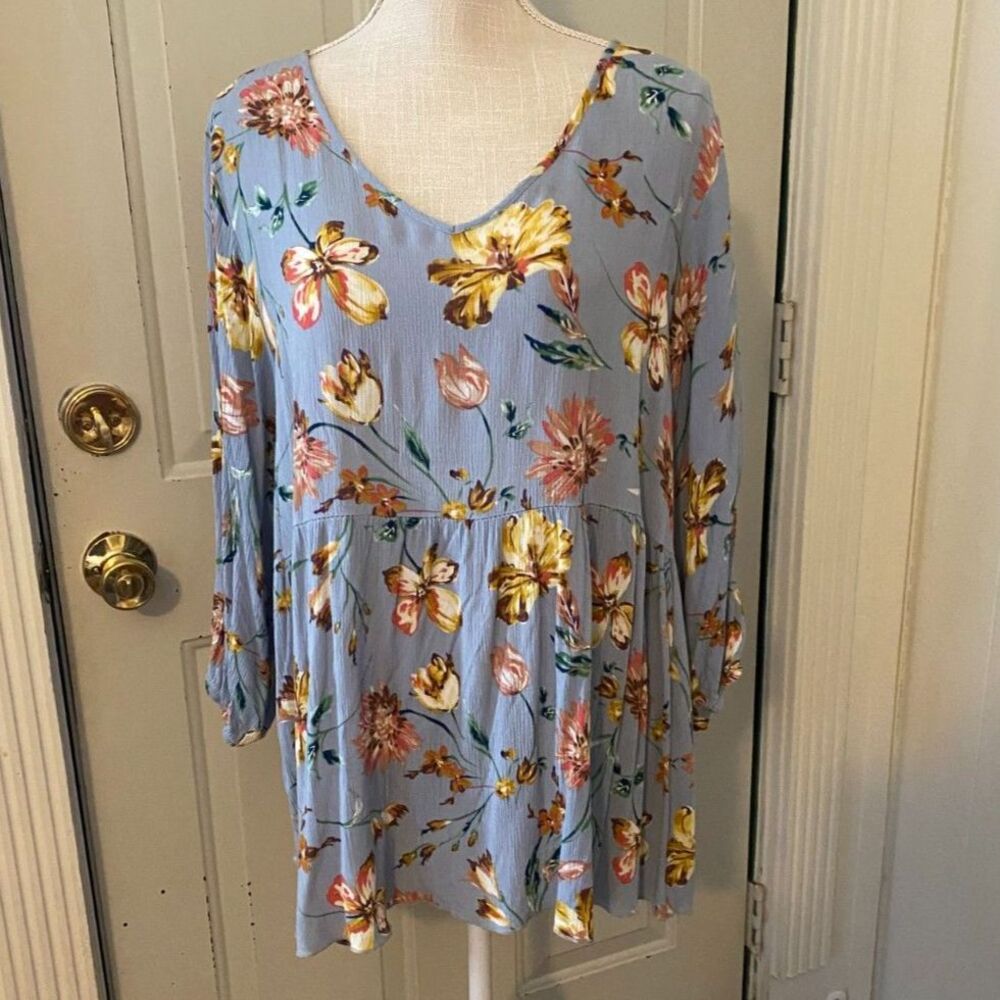 Flamingo Boho Floral V- Neck Long Sleeve Top Size XL